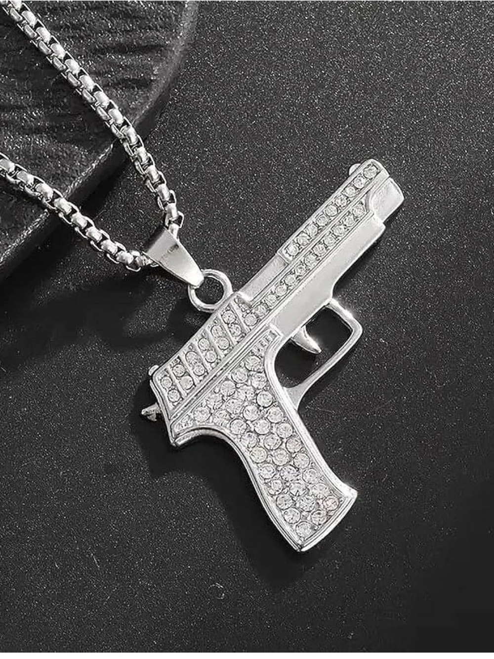 Men's Silver Pistol Pendant Necklace with Crystal Accents